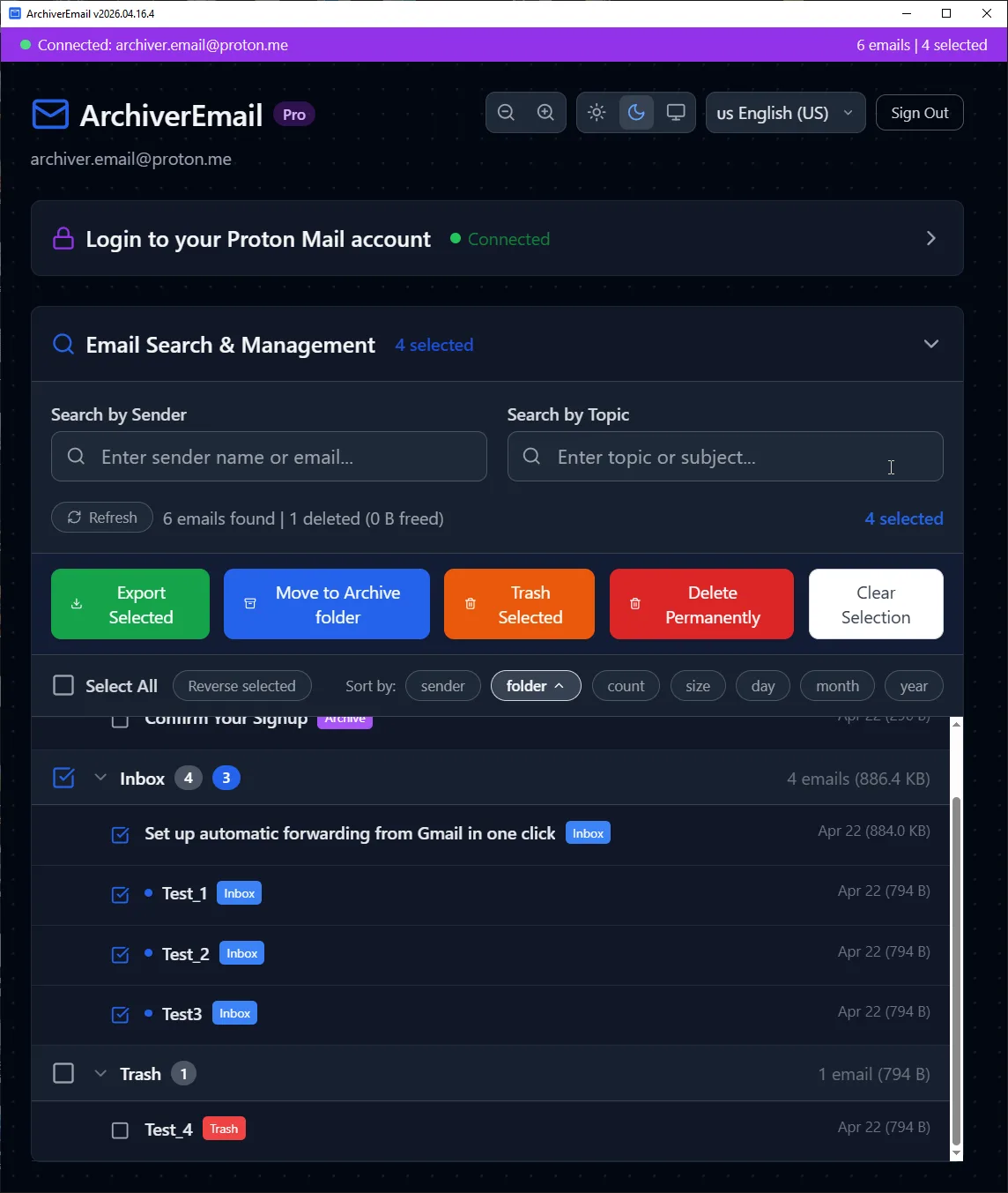 archiver.email bulk delete interface for ProtonMail with Export Selected, Move to Archive, Trash Selected, and Delete Permanently buttons