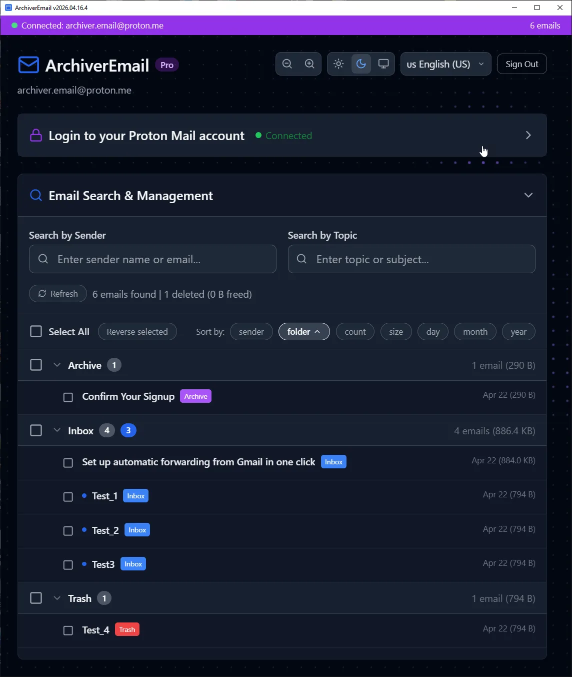 ProtonMail emails grouped by sender in archiver.email with labels and timestamps for bulk management